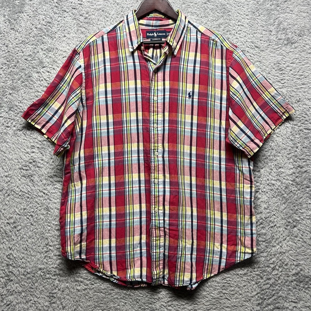 Ralph Lauren Shirt Mens XXL 2XL Red Plaid Button Up Short Sleeve‎ Linen Classic